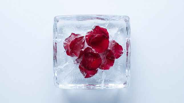 Frozen red rose petals in clear ice luxury abstract texture background for premium beauty branding copy space