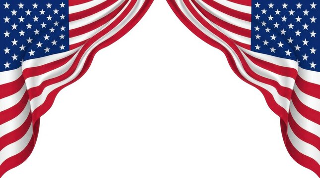 Wavy American flag fabric curtains forming a patriotic frame isolated on a white background