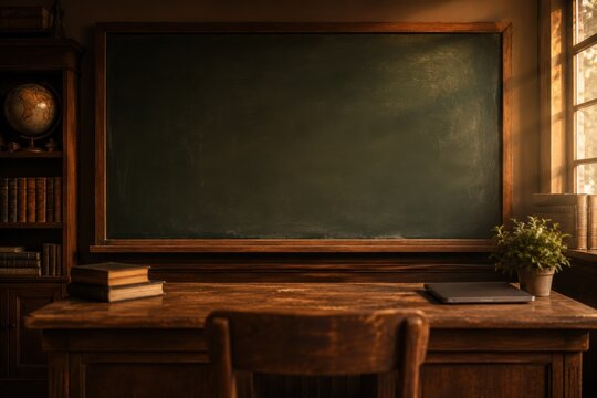 Empty vintage classroom with large blackboard and wooden desk by window.