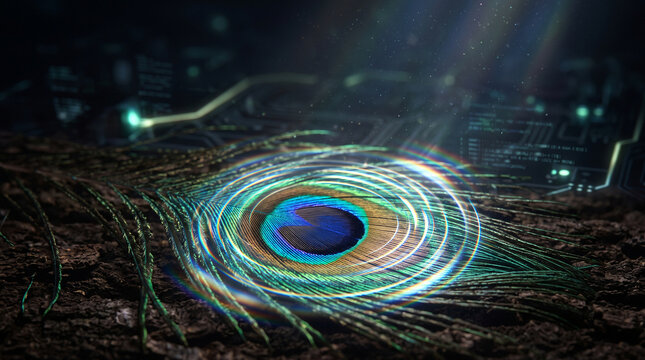 Peacock feather eyespot morphing into holographic lens macro nature technology optics concept copy space