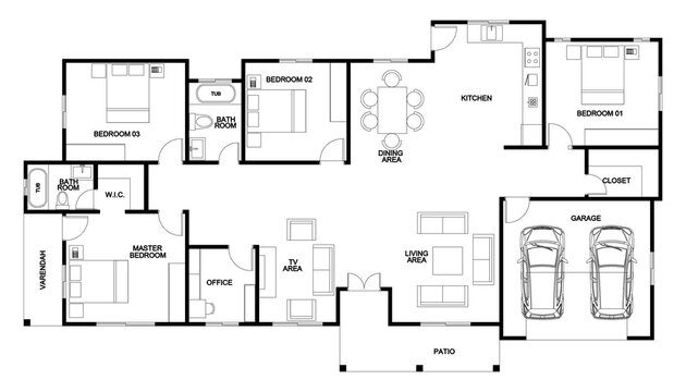 USA Four Bedroom House Floor Plan With Furniture