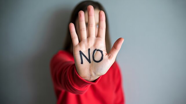 Person showing no gesture with raised hand representing refusal and personal boundaries
