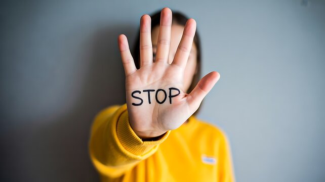 Person showing stop gesture with raised hand representing personal boundaries and safety