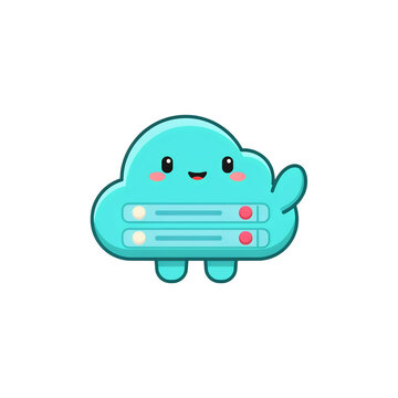 Cute pixel art blue cloud character waving hand with loading bars and happy smiling face icon