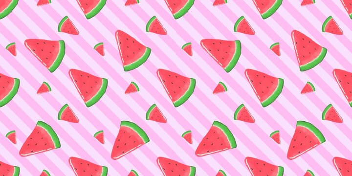 Sweet watermelon slice seamless pattern on pink diagonal striped background