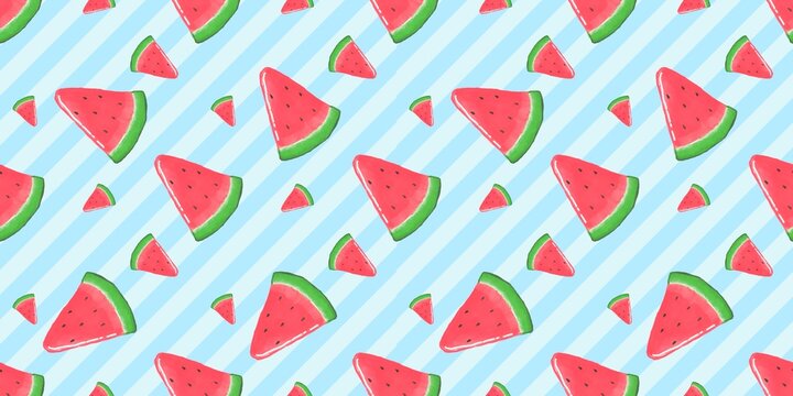Fresh watermelon slices seamless pattern on sky blue diagonal striped background