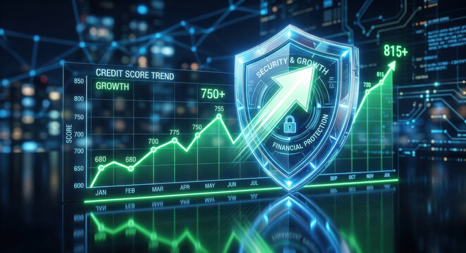 Digital growth chart for credit score improvement, payment consistency, and lower credit risk.