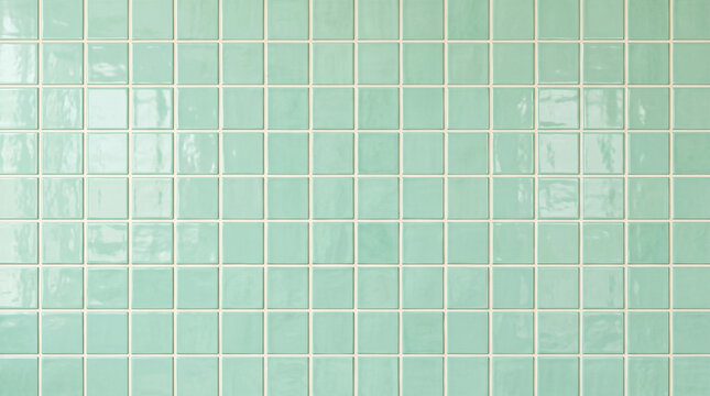 Mint green glazed ceramic tile grid wall fresh background texture with copy space