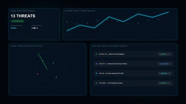Animated sequence showing increasing cybersecurity threats on computer screens, highlighting threat levels and data monitoring for security analysis.