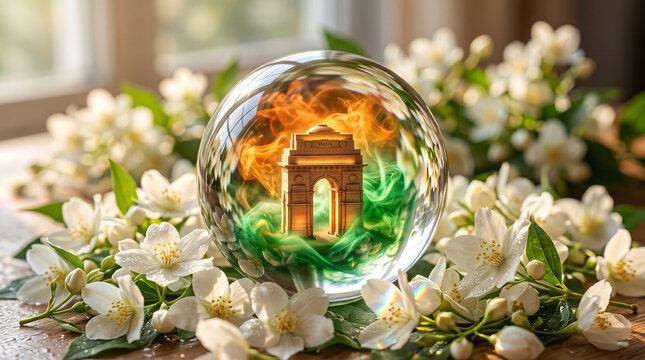 India Gate Miniature in Glass Orb with Indian Flag Colors and Jasmine Flowers
