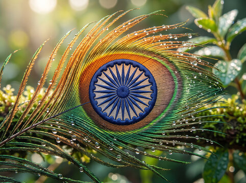 Artistic Peacock Feather with Ashoka Chakra and Morning Dewdrops