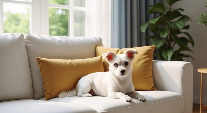 Adorable small white dog with brown ears resting on a cozy beige sofa surrounded by cushions in a bright modern living room with green plants and large windows