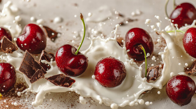 Dynamic splash of fresh milk with red cherries and dark chocolate chunks in motion