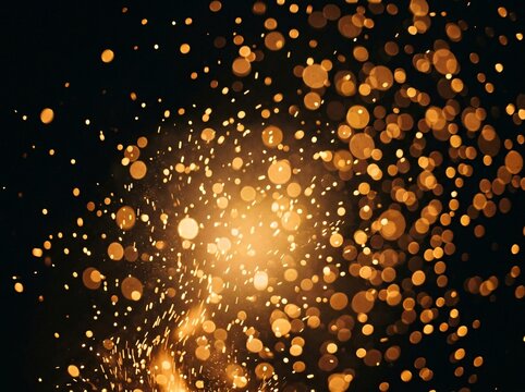 Abstract background of glowing golden light sparks and particles on black
