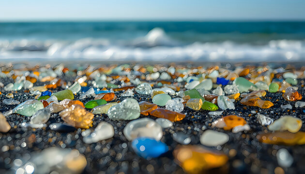 Colorful beach glass pieces lying on dark sand by blue ocean water waves shoreline.