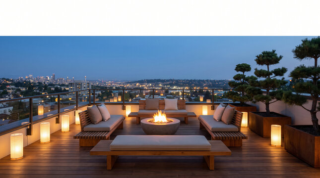 Japanese modern rooftop terrace with wood deck fire bowl and lanterns at dusk city view