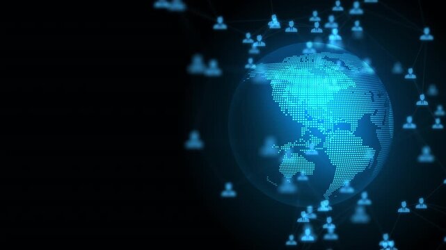 Rotating blue digital hologram globe with connected user icons and social media network nodes on a dark background, ideal for global technology, business data, and communication concepts