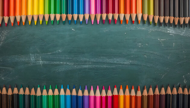 Colorful pencils arranged neatly above and below a textured dark green chalkboard surface.
