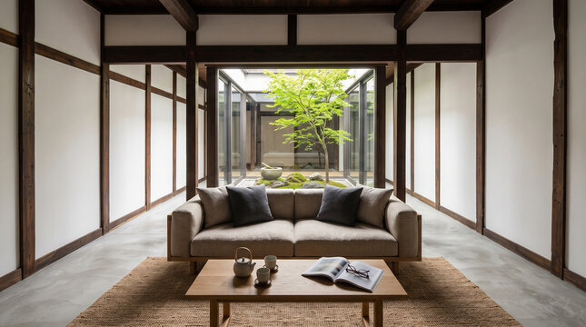 Renovated kyoto machiya living room with exposed beams linen sofa and courtyard lightwell