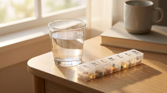 Weekly pill organizer with a glass of water and morning coffee on a wooden nightstand