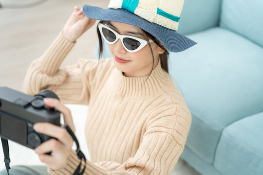 Traveler, travel bag. Portrait asian beautiful girl selfie and feel relax during bag pack. Pack your luggage before travel, Travel, life style, around the world. Advertisement