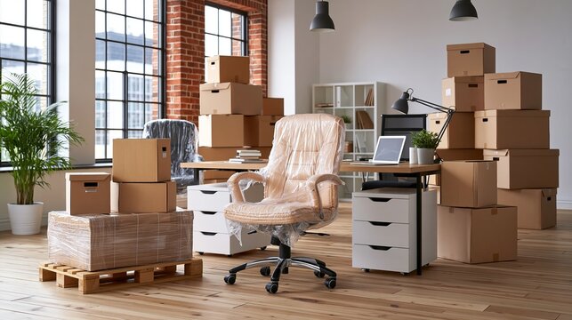 Office relocation and moving process with cardboard boxes, furniture, and office equipment