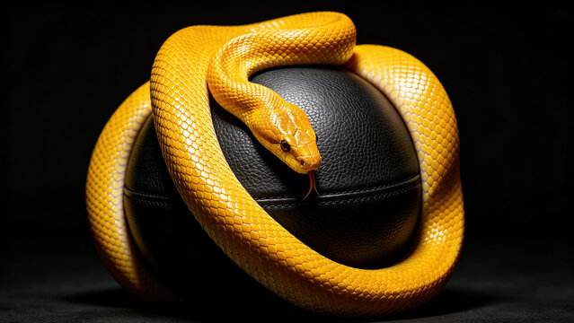 The golden snake coiled around the black leather ball symbolizes wealth, prosperity, and temptation.