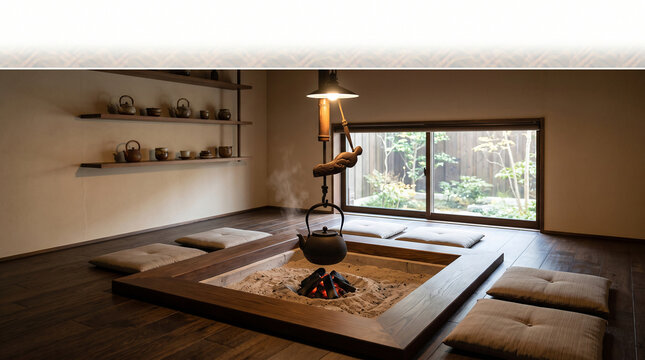 Modern japanese dining room with sunken irori hearth table and iron kettle heritage interior