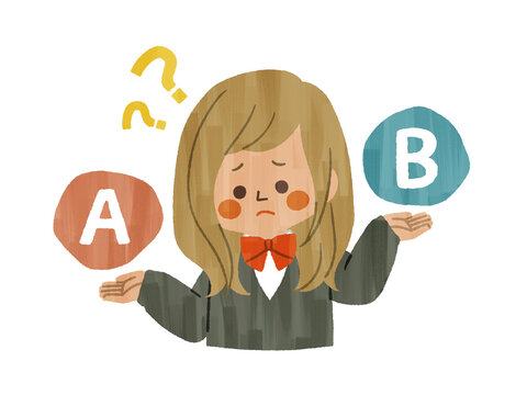 比較をしている困った表情の女子学生-ガッシュ