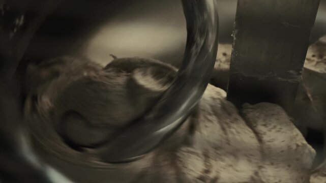 Close up view of dough mixture being processed in large industrial mixer machine at private bakery. Preparation of bread pastry raw material during production. Preparation of food in modern bakery