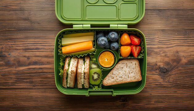 Healthy and colorful lunchbox filled with sandwiches, fruits, and cheese on wooden table.