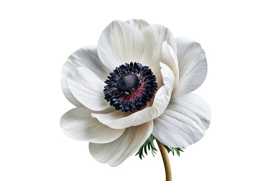 White anemone flower with dark purple center isolated on white background, presenting concept of natural botanical beauty