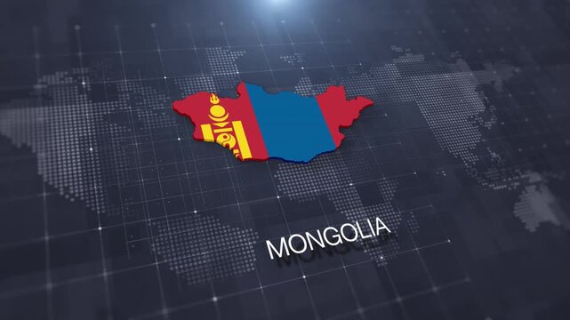 Mongolia map with national flag on digital world map background, geographic border, global political and international news concept