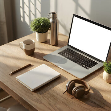 Laptop with headphones and plants on wooden desk for productive work.
