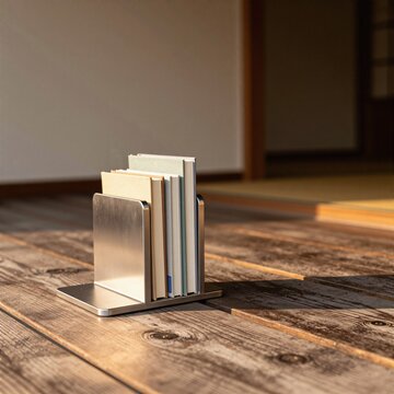 Metal bookend and books arrangement on wooden engawa veranda