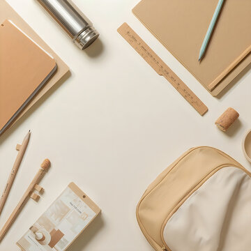 Modern flat lay desk arrangement with notebooks and metal bottle on beige surface.