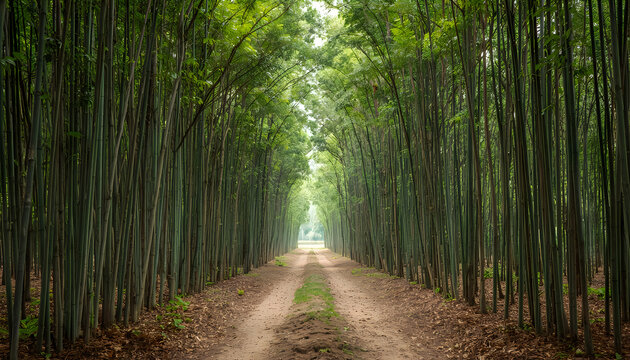 Natural bamboo forest trail path surrounded by tall green trees in quiet landscape.