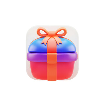 3D Gift Box Icon with Ribbon Isolated on Transparent Background