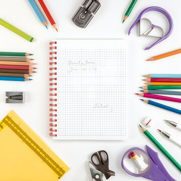 Notebook with grid pages surrounded by school supplies isolated on white background.