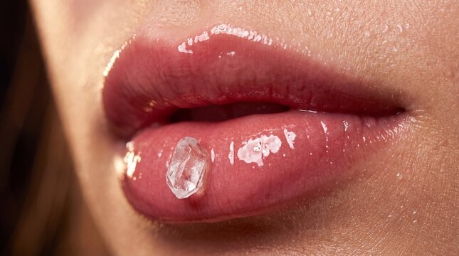 Close-up of glossy lips with sugar crystals