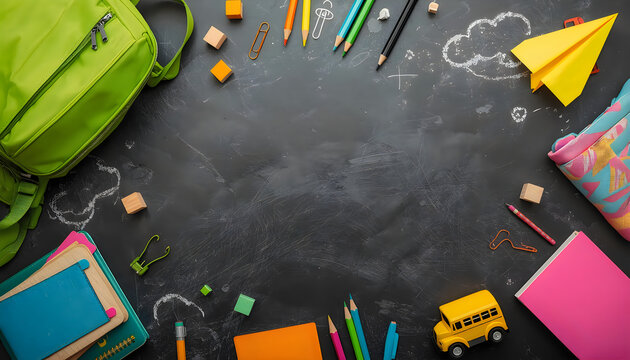 School backpack and stationery arranged on dark blackboard for educational design.