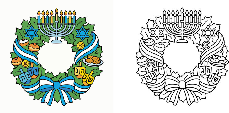 Hanukkah wreath vector illustration and coloring page set with menorah star of david dreidel sufganiyot latkes ribbon for Jewish holiday celebration banner background.