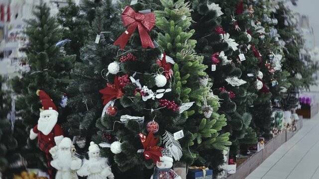 Christmas trees artificial decorated with red bows white balls festive ornaments displayed for sale in retail store. Preparation for holiday season winter celebration New Year. Santa Claus figure toy