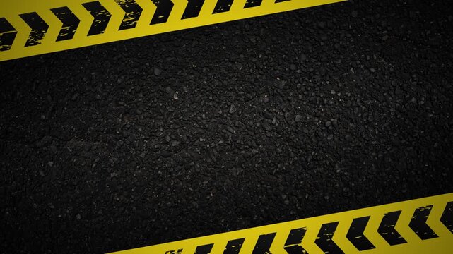 Yellow black hazard warning tape overlay motion graphic animated police line do not cross border frame on dark asphalt background 4K 60 fps