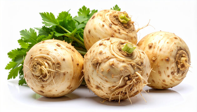 Fresh raw celery roots isolated on white background, organic farm-fresh appearance, tasty food. Close-up.