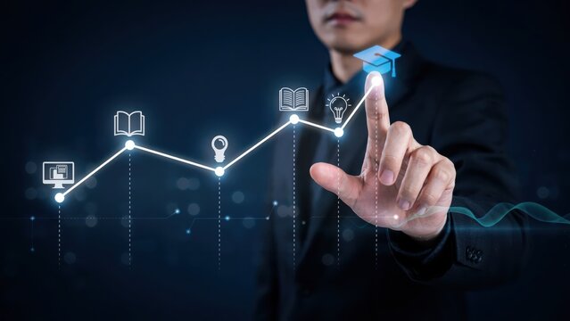 Business man touching virtual screen with education and knowledge graph.