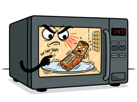 Angry microwave pointing at frozen burrito on plate inside