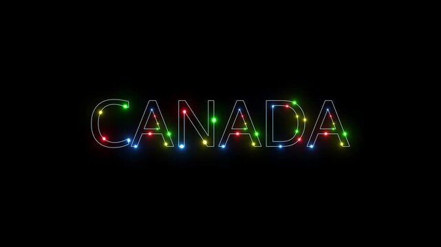 Glowing Colorful LED Light Canada Text Animation, black background, Animated Neon Outline Country Typography for Canadian National Day, 4K Motion Graphics,