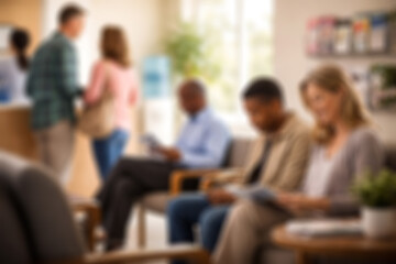 Fototapeta premium Blurred diverse people waiting in modern clinic reception room with smartphones and paperwork