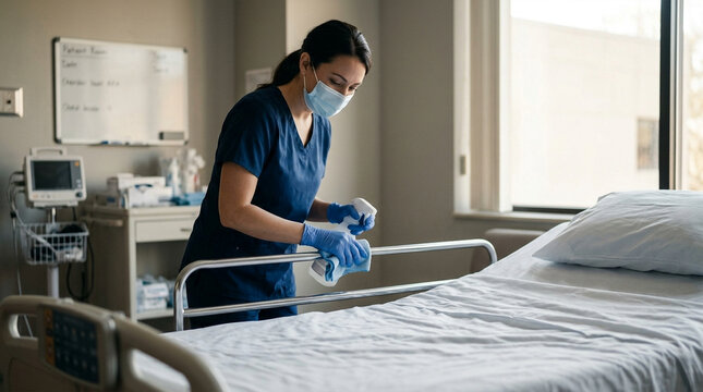 Dedicated medical worker cleaning a hospital patient bed with spray and cloth in bright room